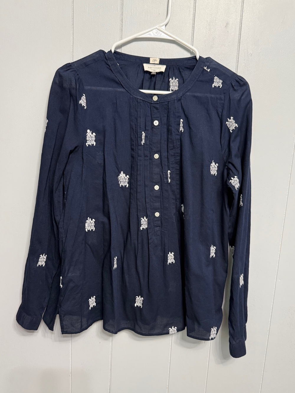 #19) Lightweight Cotton Navy Embroidered Half Button-Front Women's Top